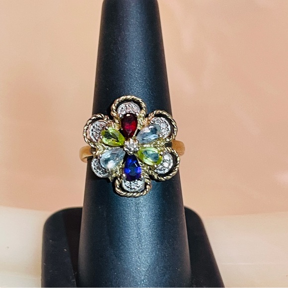 đź’•MARKDOWN! Beautiful Multi-Gem 925 Sterling Roped Flower Design Dinner Ring! - Picture 11 of 16